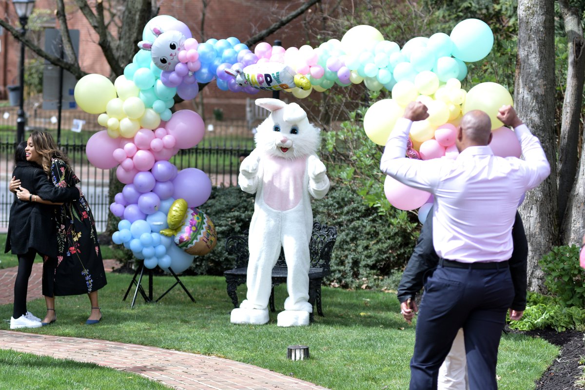 GovWesMoore's tweet photo. .@DawnFlytheMoore, Jamie, Mia, and I loved having the Easter Bunny here at Government House for this year’s annual Easter Egg Roll, but Tucker was the most excited of all! 🐶🐰 https://t.co/MacG1vdy78