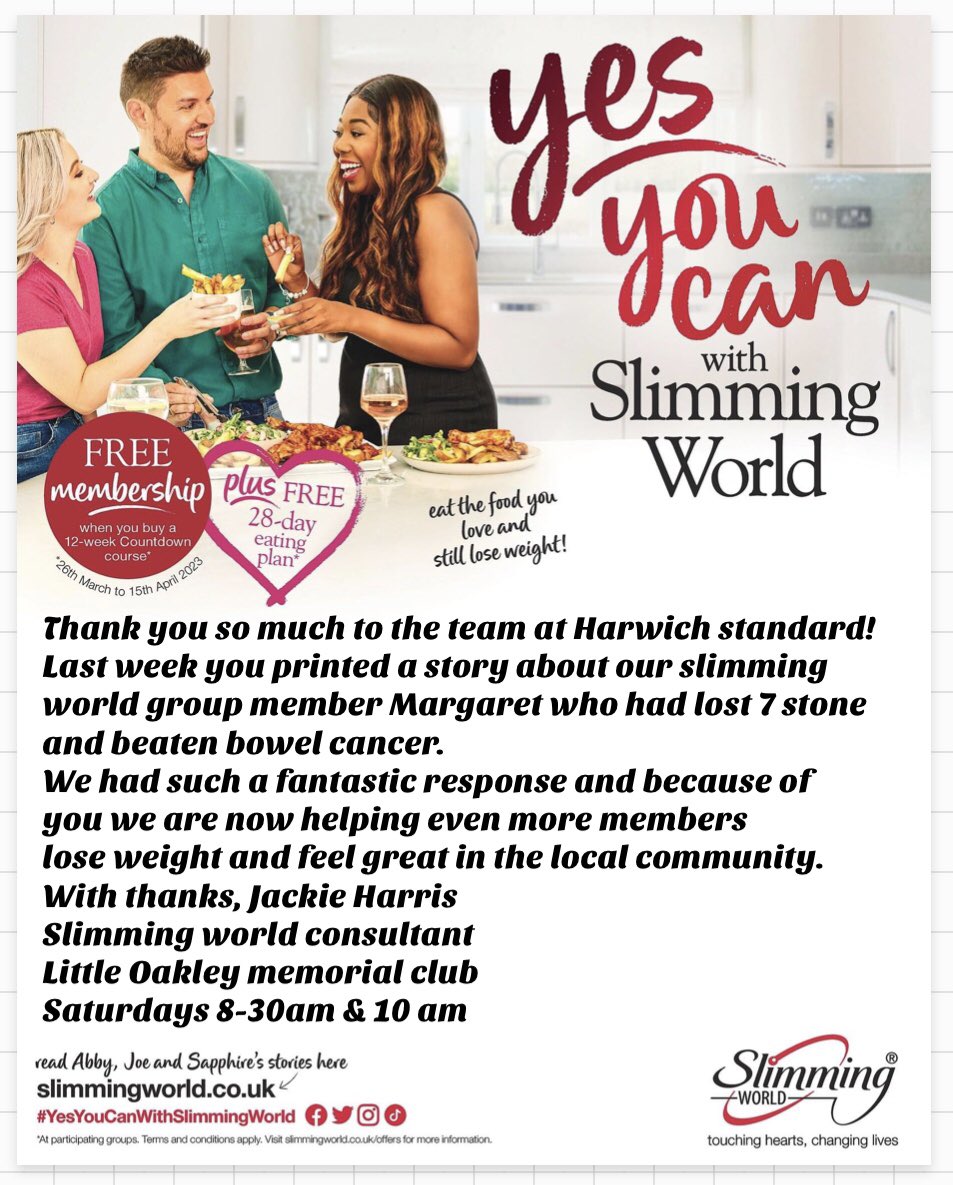 JackieH_SW's tweet photo. Thank you to @HarwichStandard for printing my #littleoakley members story on how Margaret lost 7 stone and beat bowel cancer. As a direct result we @slimmingworld are now helping even more members change their lives at Lt Oakley Memorial club, 8-30am &amp; 10am Saturdays. https://t.co/D0b7L5PbKw