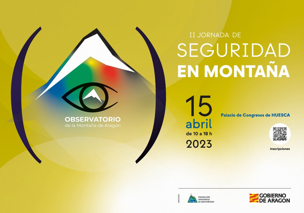 🏔️II Jornada de Seguridad en Montaña del Observatorio de la Montaña de #Aragon, <a href="/montana_segura/">Montaña Segura</a> ,donde compartir vivencias y conocimientos en seguridad con expertos en rescates y montañeros como <a href="/sebas_alvaro/">Sebastian Alvaro</a>

📅15 de abril  
📍<a href="/pcongresoshu/">P. Congresos Huesca</a>
✍️Inscripción gratuita en <a href="/112Aragon/">112 Aragón</a>