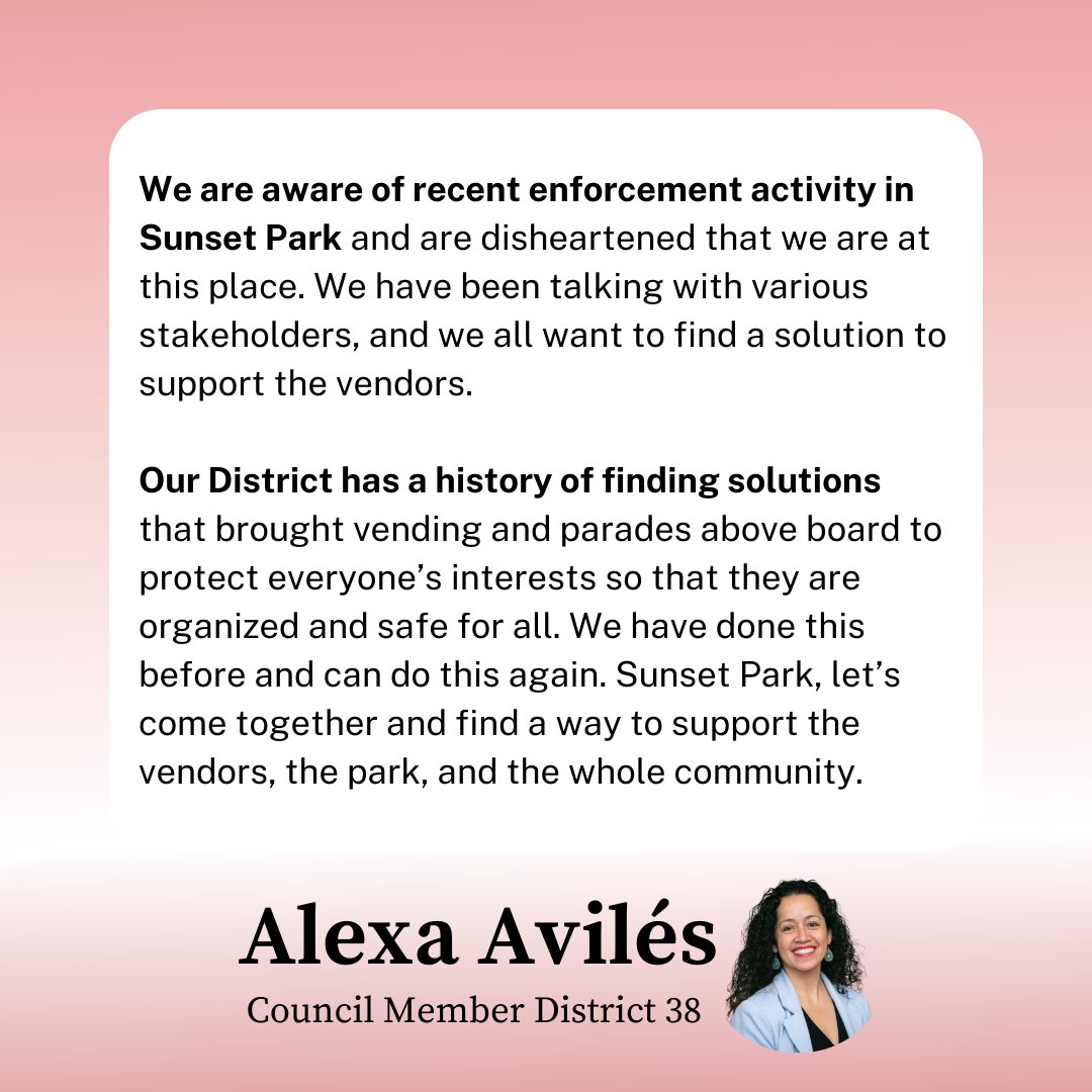 CMAlexaAviles's tweet photo. Sunset Park, let’s come together and find a way to support vendors, the park, and our whole community.
—
Sunset Park, unámonos para que juntos encontremos la manera de apoyar a toda la comunidad. https://t.co/Yeb2yYjkaF