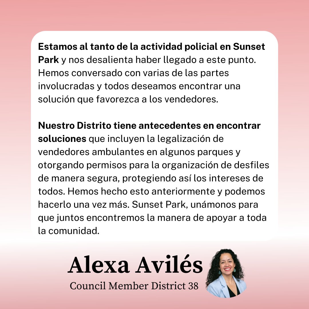 Sunset Park, let’s come together and find a way to support vendors, the park, and our whole community.
—
Sunset Park, unámonos para que juntos encontremos la manera de apoyar a toda la comunidad.