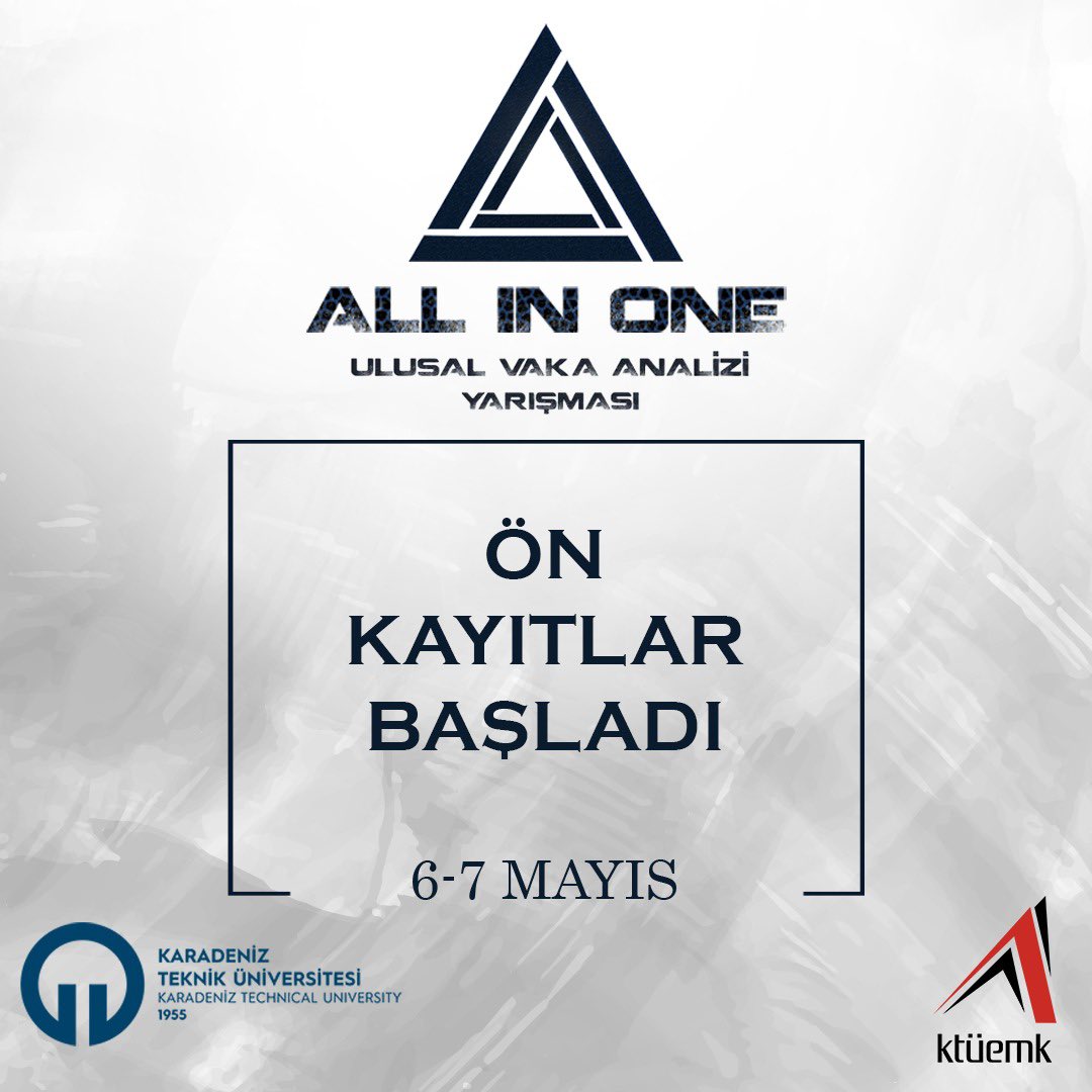 All in One "Ulusal Vaka Analizi Yarışması" için ön kayıtlar başlıyor!

6-7 Mayıs tarihlerinde gerçekleştireceğimiz yarışmamızda sizde yerinizi alın!💥

Kayıt: linktr.ee/ktuemk
Son başvuru tarihi 1 Mayıs!

#ktü #ktu #ktuemk #ktüemk #ulusalvakaanalizi #vakaanalizi #türkiye
