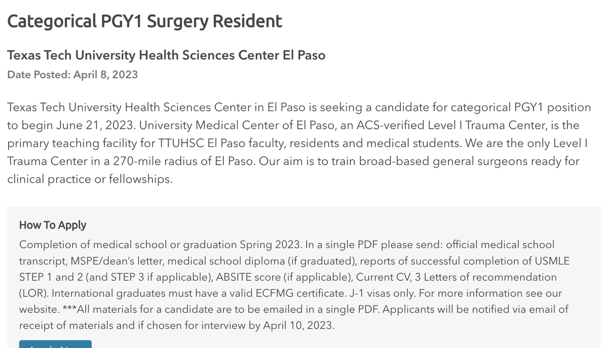 Inside_TheMatch's tweet photo. Categorical PGY-1 #GeneralSurgery Residency Opening
Texas Tech University Health Sciences Center 
El Paso, Texas
Posted: April 8, 2023
Start: June 21, 2023
https://t.co/DqxdK9aQIM

#InsideTheMatch #gensurg #MedTwitter https://t.co/ZjPYIQ64ks