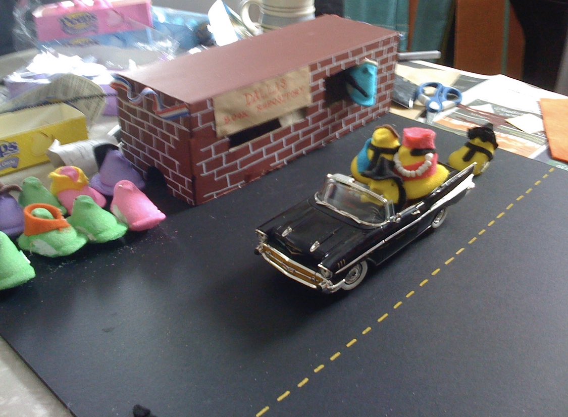 NomiRamone's tweet image. Thinking about Easter 2009 when I woke up my friend Jen at 8am to help me build a peeps diorama of the Kennedy Assassination and she said, without hesitation, “I’m in!”