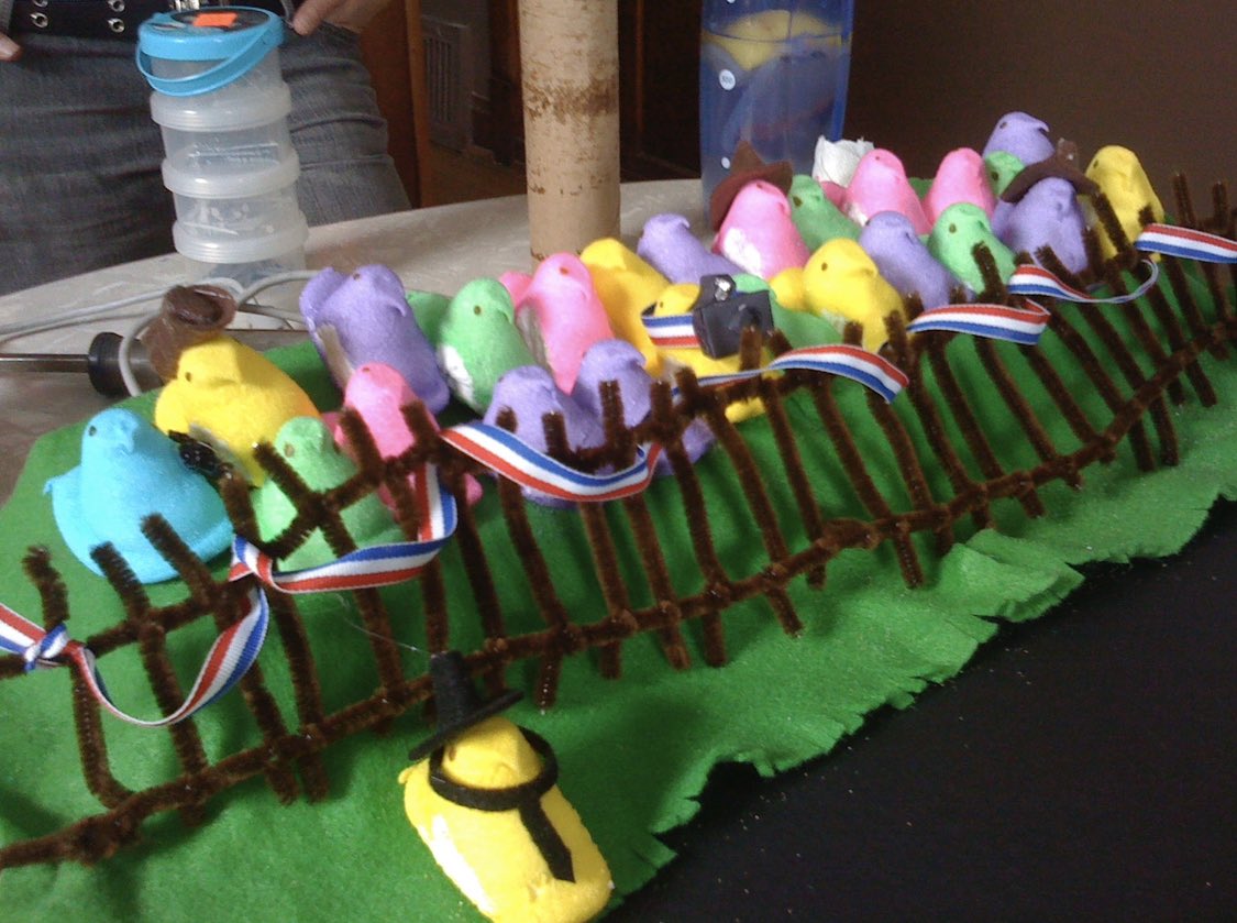 NomiRamone's tweet image. Thinking about Easter 2009 when I woke up my friend Jen at 8am to help me build a peeps diorama of the Kennedy Assassination and she said, without hesitation, “I’m in!”