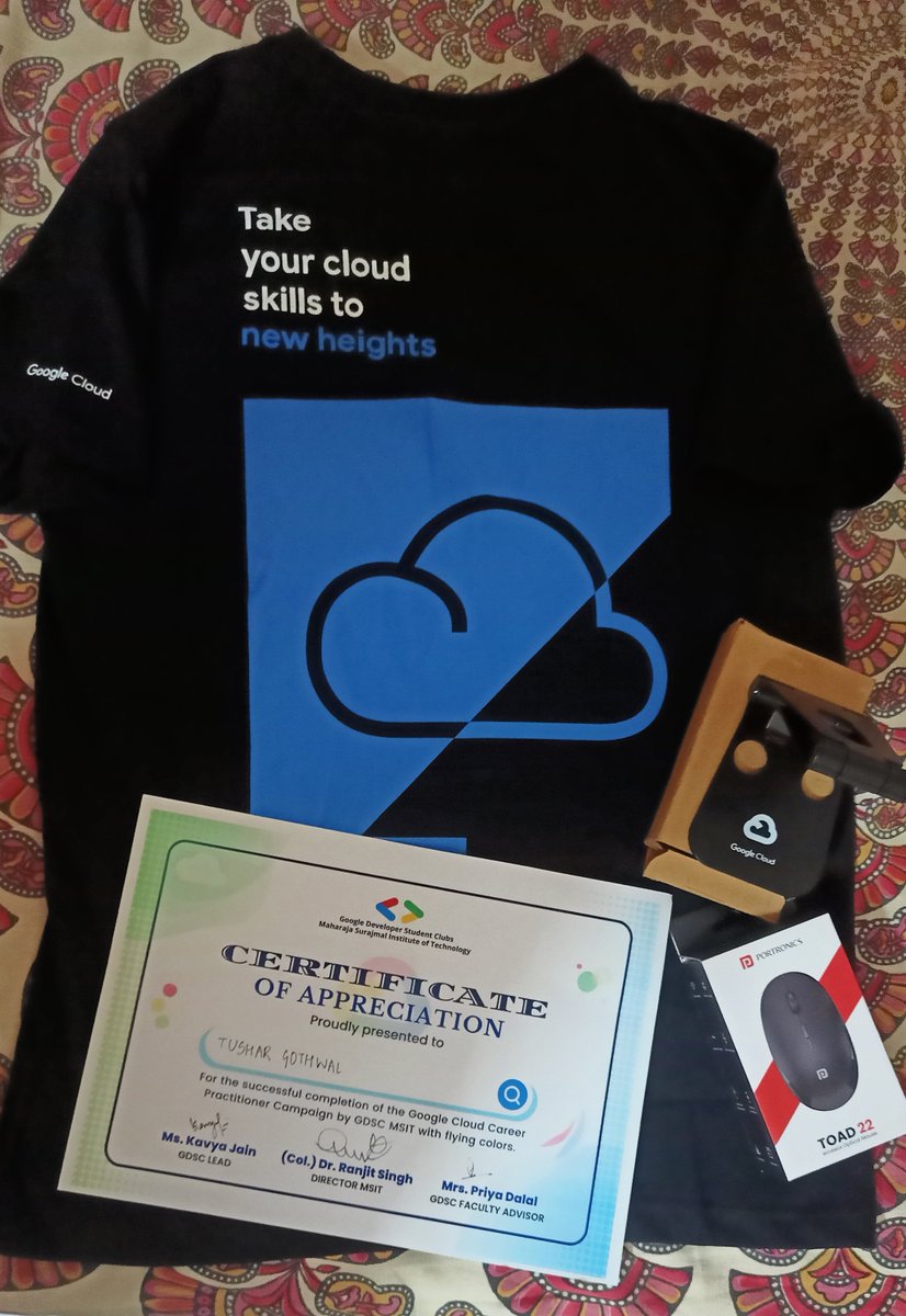 TusharGothwal03's tweet photo. I'm thrilled to announce that have received the certificate for the GCCP program organized by @GdscMsit in collaboration with Google I also received some amazing swags🫶.
A big thanks to @kavyaaa_jain the lead &amp; @theycallmeshiv  cloud facilitator fot this #Google #Cloud #swags https://t.co/E0yrnnQBos