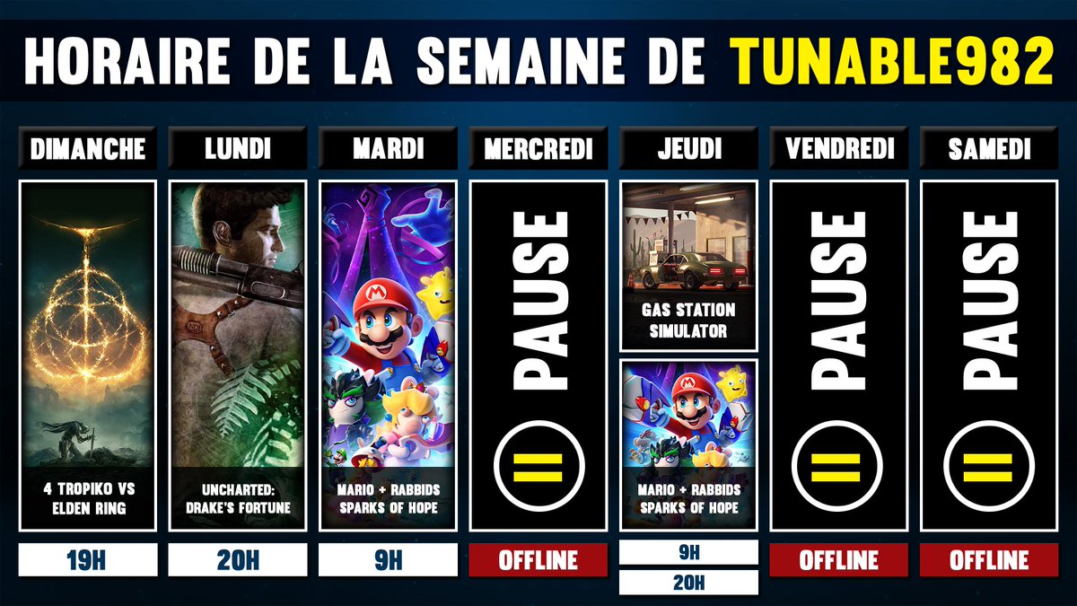 Tunable982's tweet photo. Bon dimanche! Pour cette semaine, on continue Elden Ring sur la chaîne de @OishiiZilla , on poursuit #MarioandRabbidsSparksofHope, on termine #Uncharted premier du nom et on découvre #GasStationSimulator! https://t.co/J9Y14GBWlx