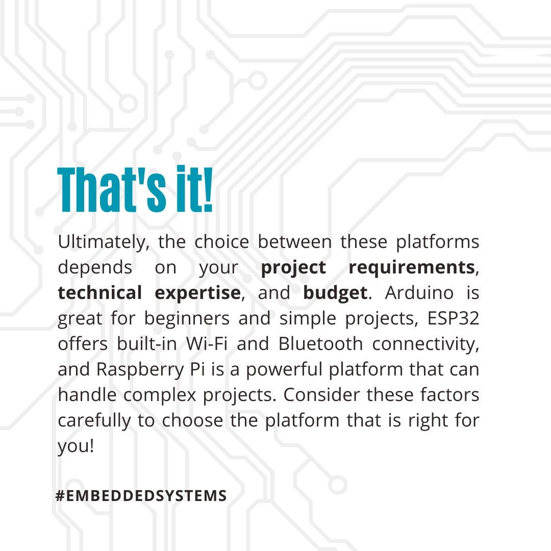 Embedded development can be challenging, but choosing the right platform can make a world of difference! Here are some tips to help you decide between Arduino, ESP32, and Raspberry Pi. 💻🛠️ #embeddeddevelopment #Arduino #ESP32 #RaspberryPi #IoT #electronics #microcontrollers