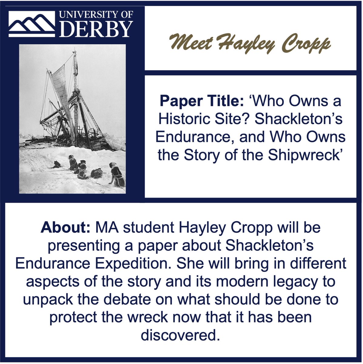 Next up we have the lovely Hayley Cropp. This is the second paper in the panel on Underwater Cultural Heritage. ⚓️❄️🥶 Such an interesting story. Make sure you tune in on the day to find out more! A #publichistoryandheritage
#GHS23 #uod