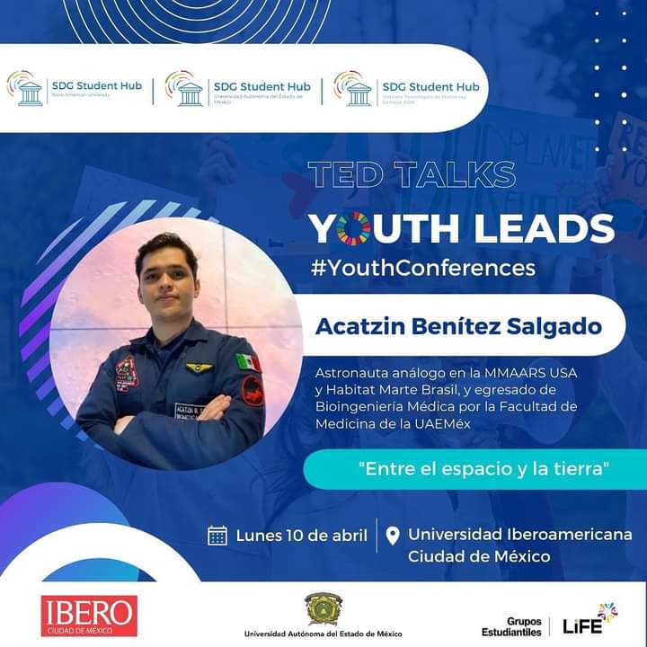 📣TED TALKS YOUTH LEADS: #WeHaveTheVoice

👉🏻Conoce a Acatzin Salgado, quien se ha desempeñado como astronauta análogo en MMAARS USA y Habitat Marte Brasil.

👉🏻Para más información y registro previo, consulta bit.ly/406ZMd6