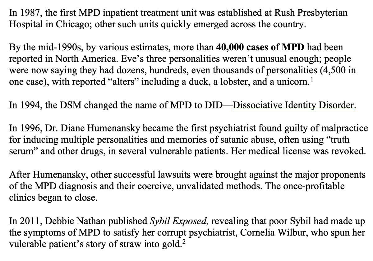 michaelshermer's tweet image. Regarding the rapid rise of the trans movement &amp;amp; its likely fall, note this timeline of the rise &amp;amp; fall of Multiple Personality Disorder (from Carol Tavris's Psychology textbook) from 8 cases to 40,000, from 3 personalities to 4,500 (including a duck, lobster &amp;amp; unicorn):