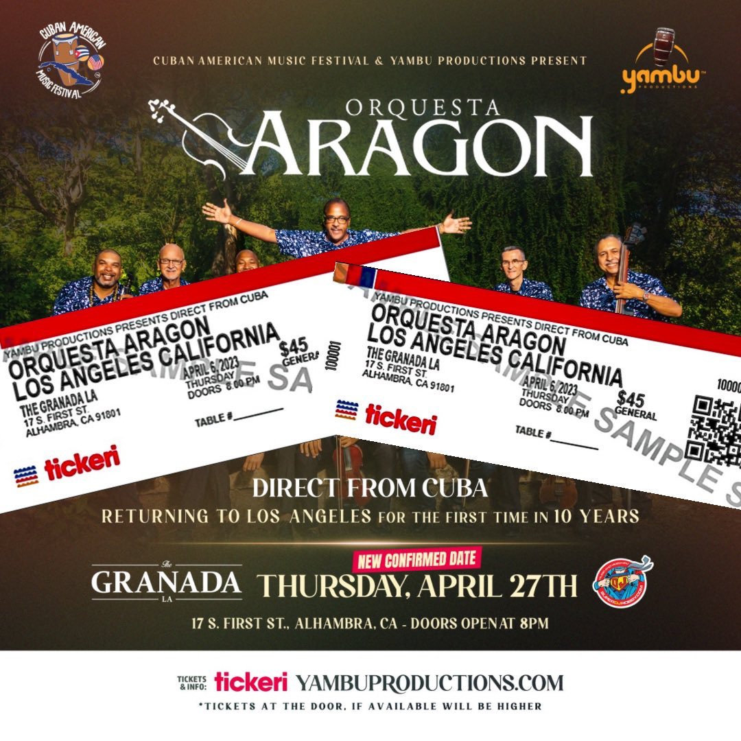 Easter Special Sale / 2 General Admission x $60
ORQUESTA ARAGON (DIRECT FROM CUBA). Returning to Los Angeles for the first time in 10 years.
Thursday, April 27th @ 8pm @ The Granada in Alhambra. 
tix &amp; info: bit.ly/aragon2023