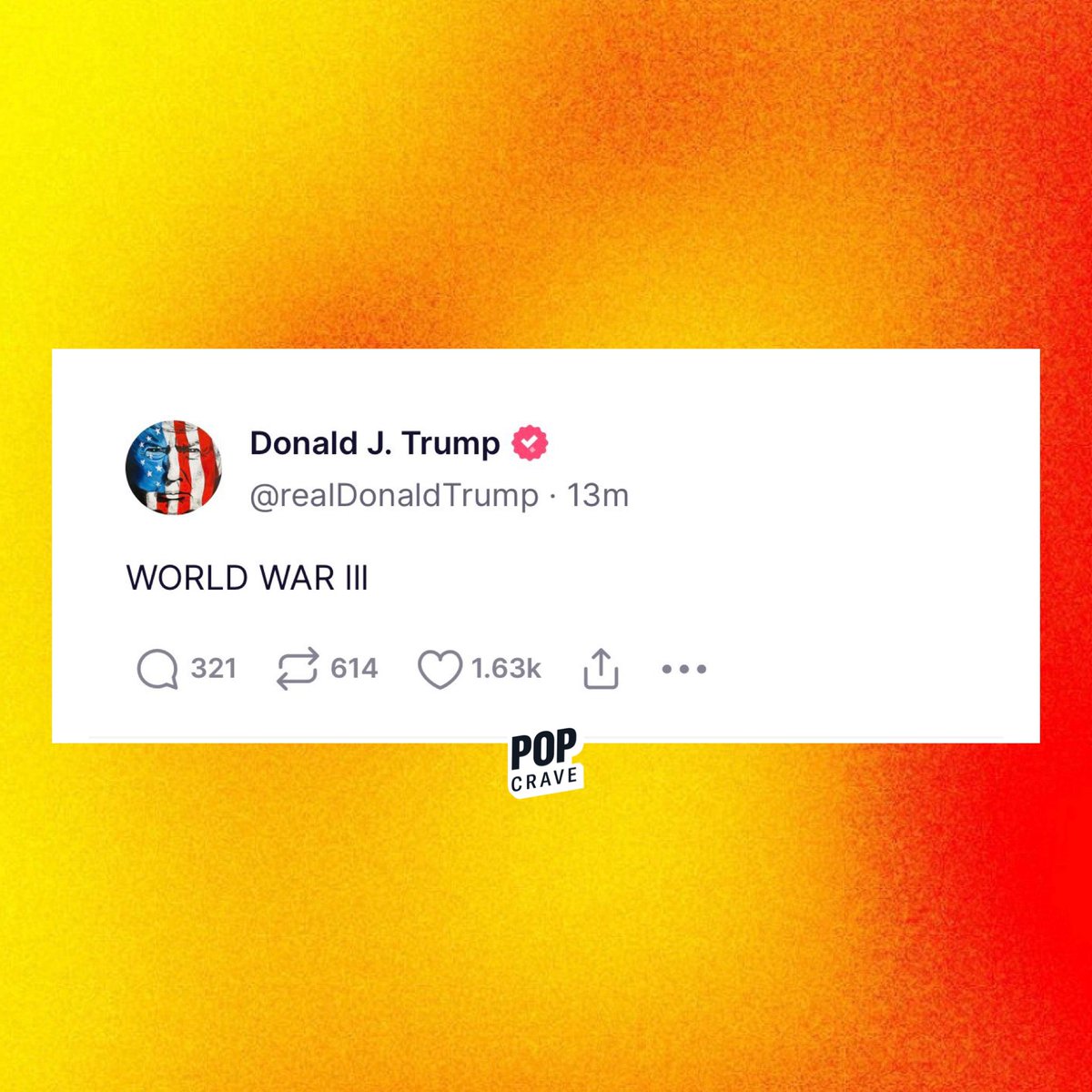 PopCrave's tweet photo. Criminal defendant Donald Trump shares Easter message to followers on his social media platform, Truth Social: 

“WORLD WAR III” https://t.co/Klaw0erUND