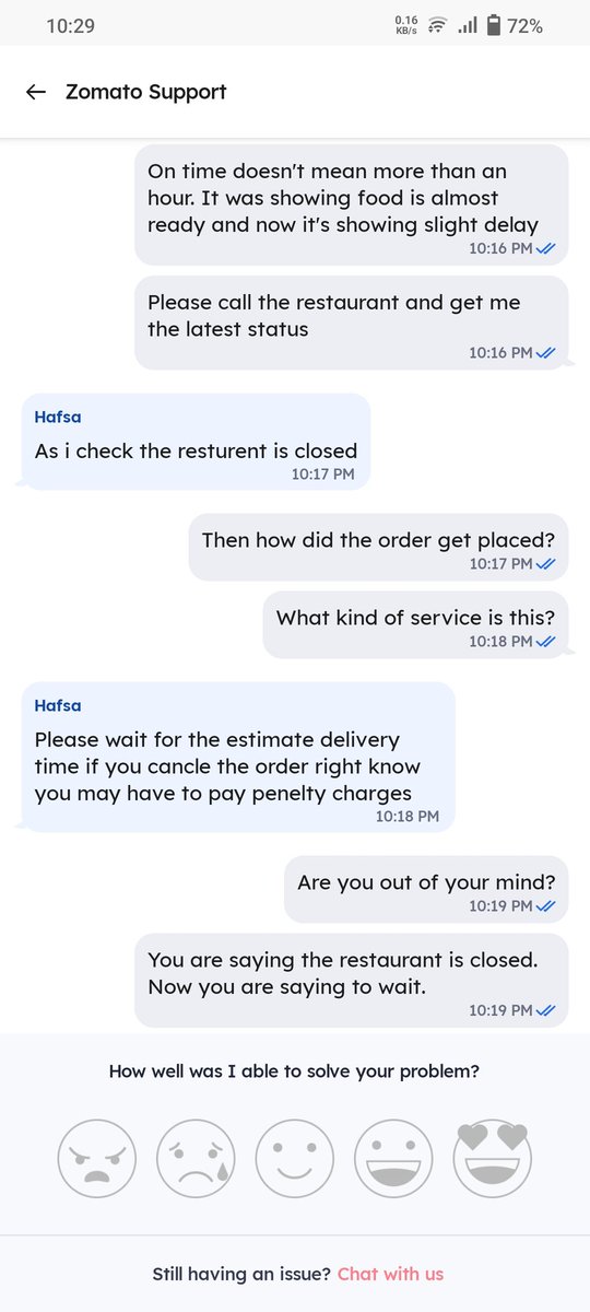 pixarkar's tweet photo. @zomato @zomatocare This is how your customer care executive speaks to a customer (incl using phrases "no sense words") and has the audacity to disconnect the chat. Please take corrective action. https://t.co/qlCwlCIvjh