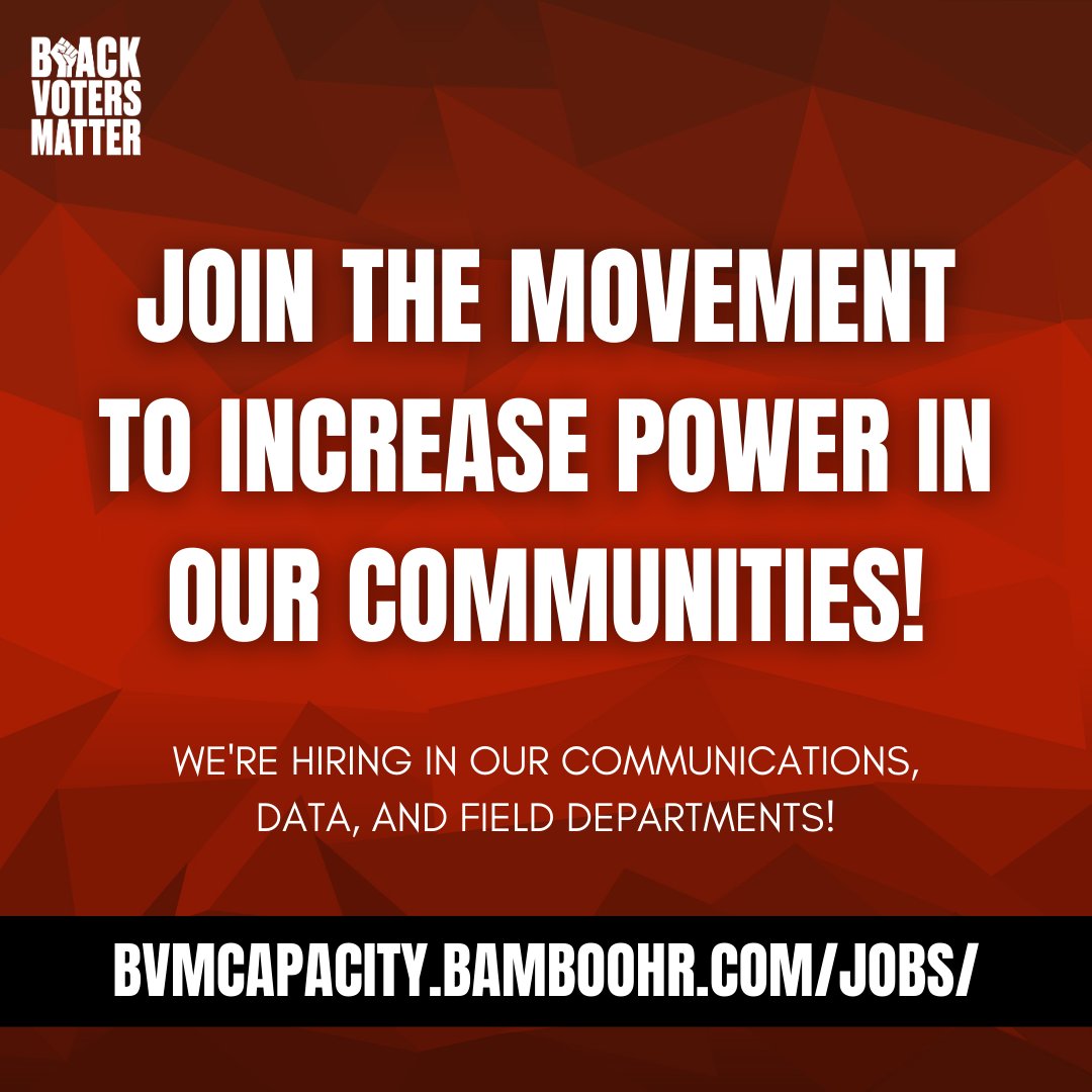 Calling all change-makers! Black Voters Matter is currently hiring for multiple positions. We're looking for dedicated and passionate individuals to join our team and help drive our mission to empower and mobilize Black communities.

Learn more at bit.ly/3npG7XK
