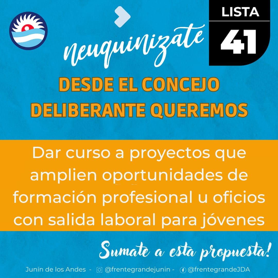 FrenteJda's tweet photo. Nuestras propuestas !
#lista41 #junindelosandes
@Rolo_Figueroa
@soledezapala
Concejal Hebe Helou
.
#neuquinizate
#neuquinizateconla41 https://t.co/RTEWPSd5d0