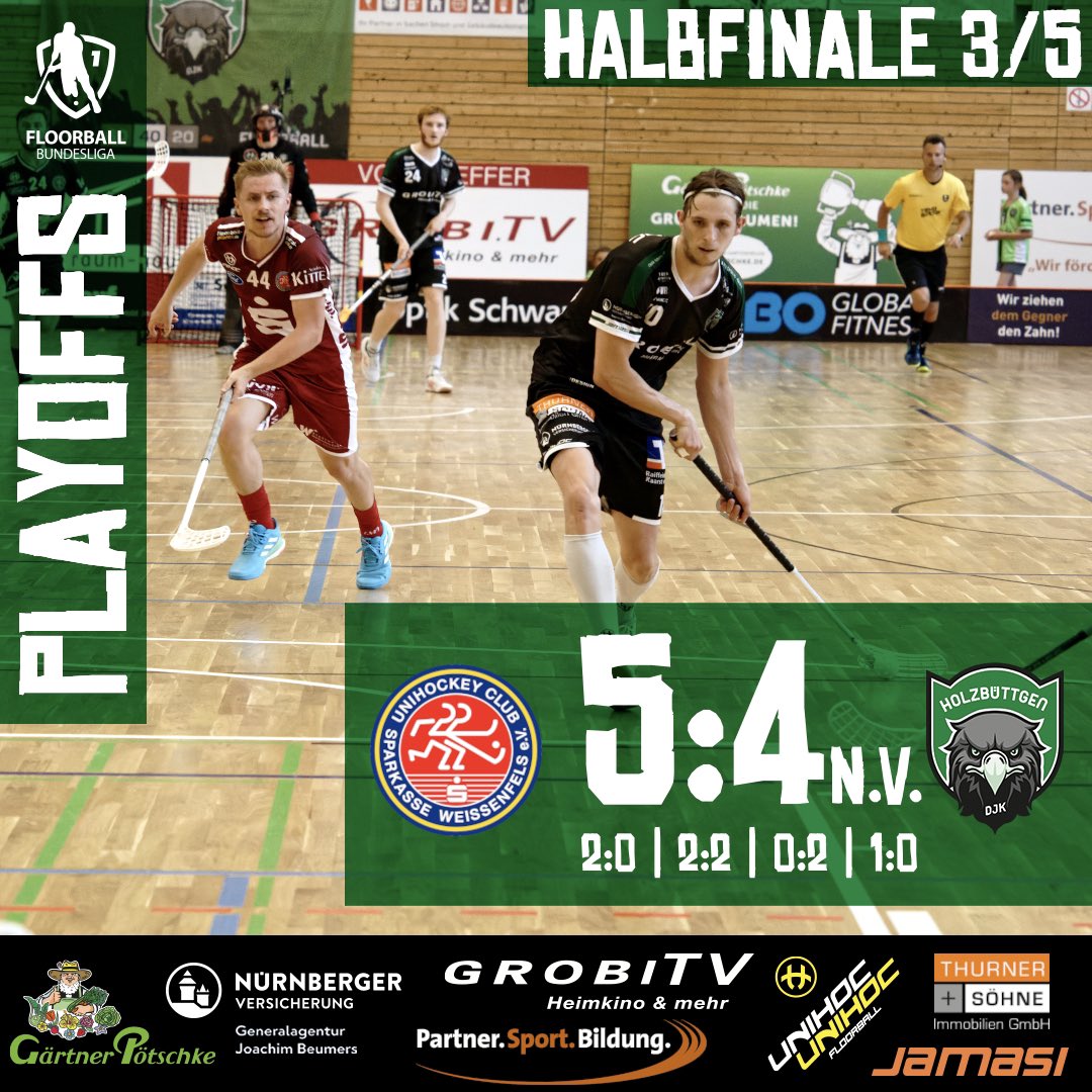 Der UHC entscheidet das dritte Spiel der Best-Of-5-Serie für sich. Mit einem Matchball für Weißenfels und Heimrecht für Holzbüttgen geht es dann nächste Woche nach Kaarst.
Am Samstag, den 15.04. um 18:30 Uhr ist dann Bully in der Stadtparkhalle Kaarst.