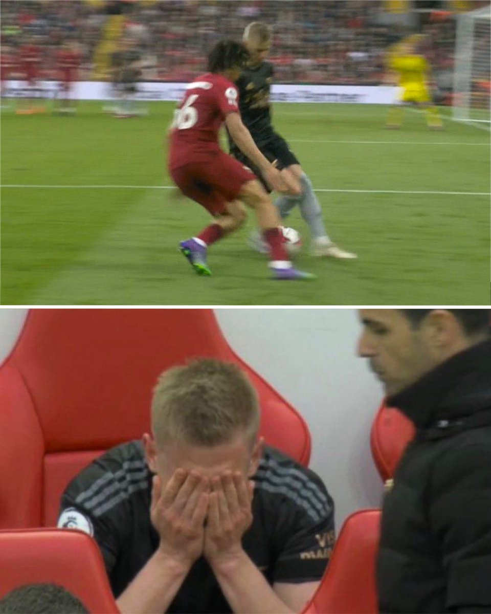 sportbible's tweet photo. Oleksandr Zinchenko looking dejected on the Arsenal bench after Trent Alexander-Arnold nutmegs him to set up Liverpool's late equaliser 😔 https://t.co/tDoamOuo1v