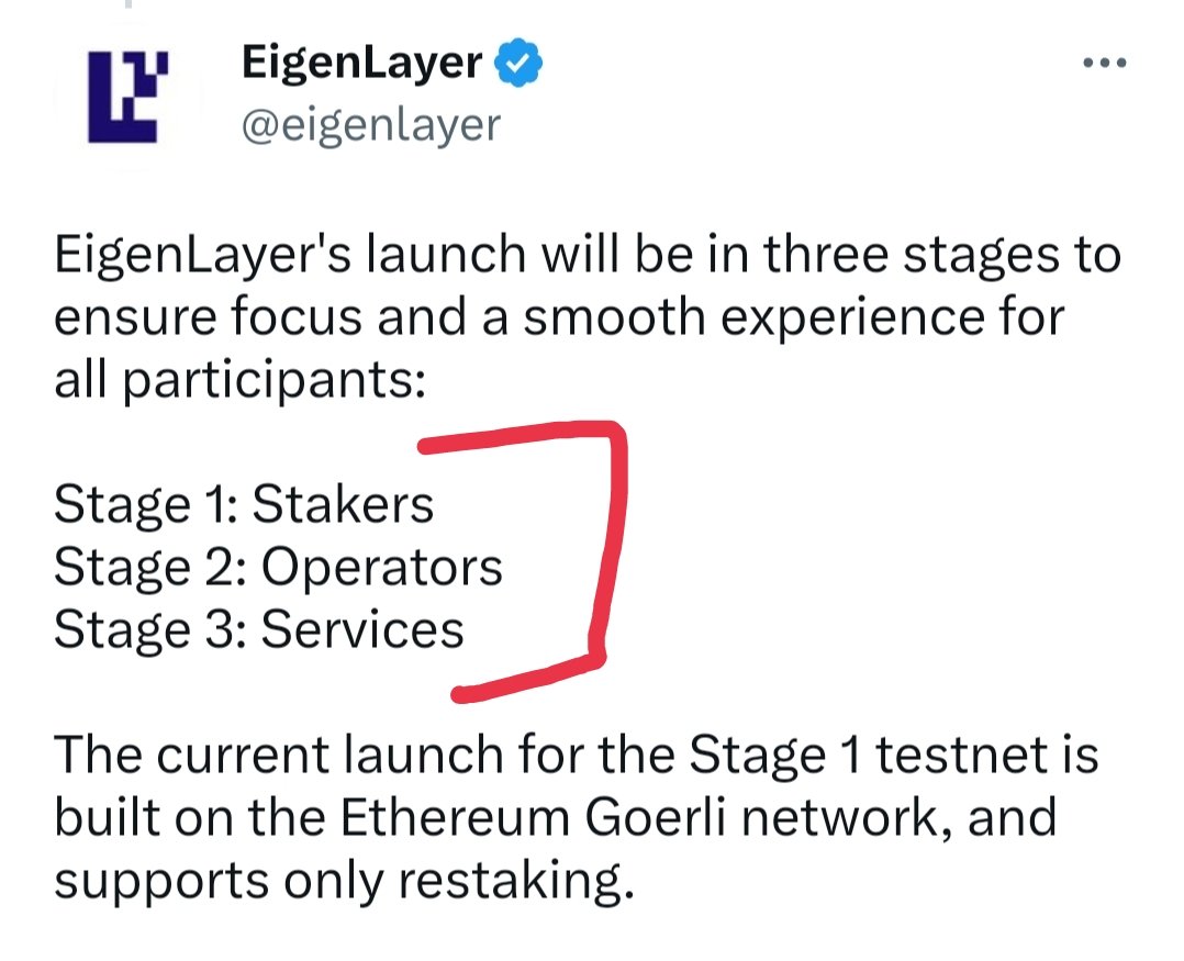 1/ As I Said Above Stage 1 Testnet Of EigenLayer Now Live Which Only Supports Restaking &amp; There Will Be Total 3 Stages - Check Here 

x.com/eigenlayer/sta…