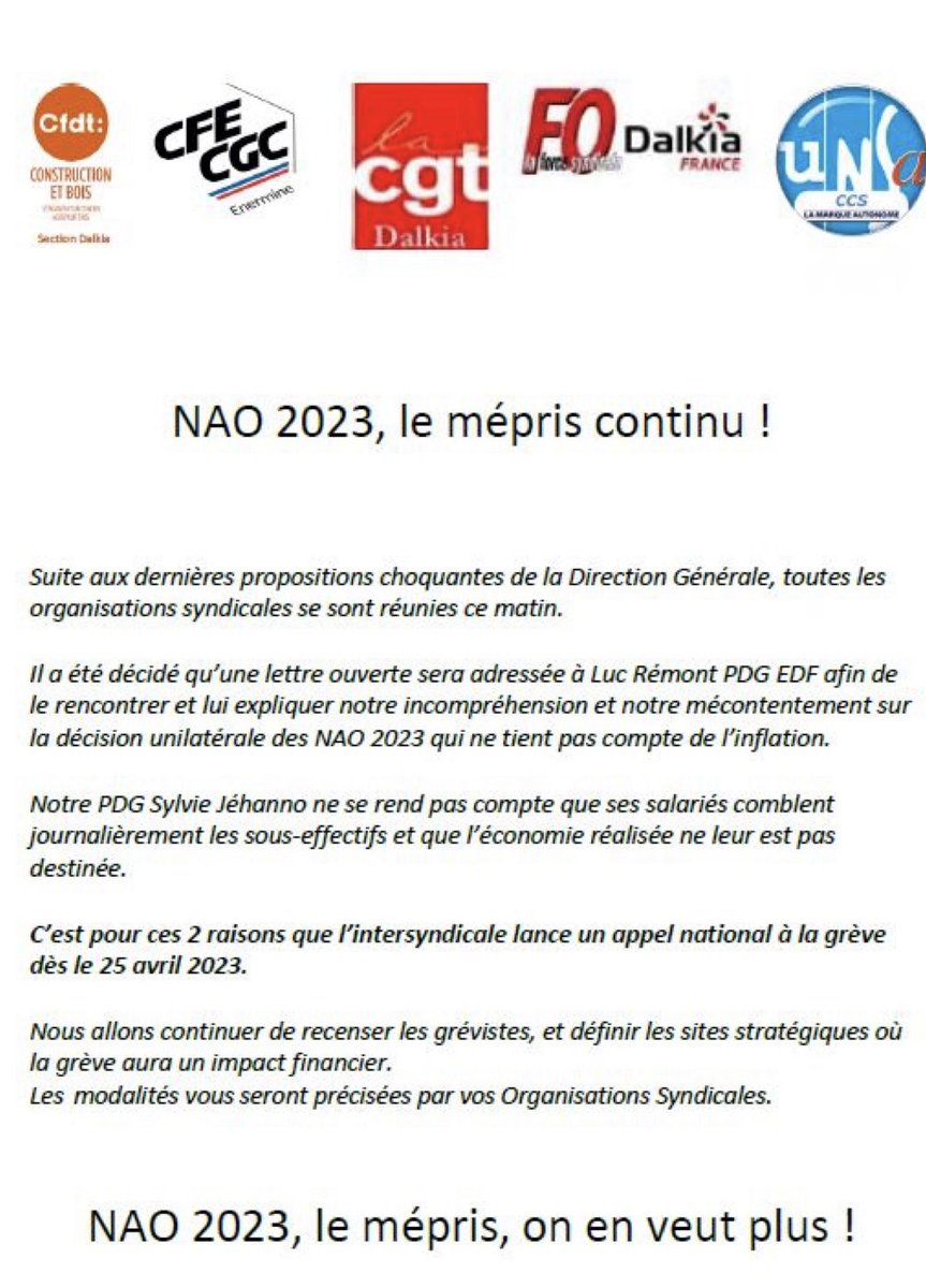 CFECGCDalkia's tweet photo. Mobilisation Générale chez Dalkia le 25 avril 2023. Nous appelons au blocage total de l'Entreprise pour contester la politique de "Partage de la Valeur" de notre Direction Générale. Le mépris ça suffit !!! https://t.co/CL3q7MrWAE