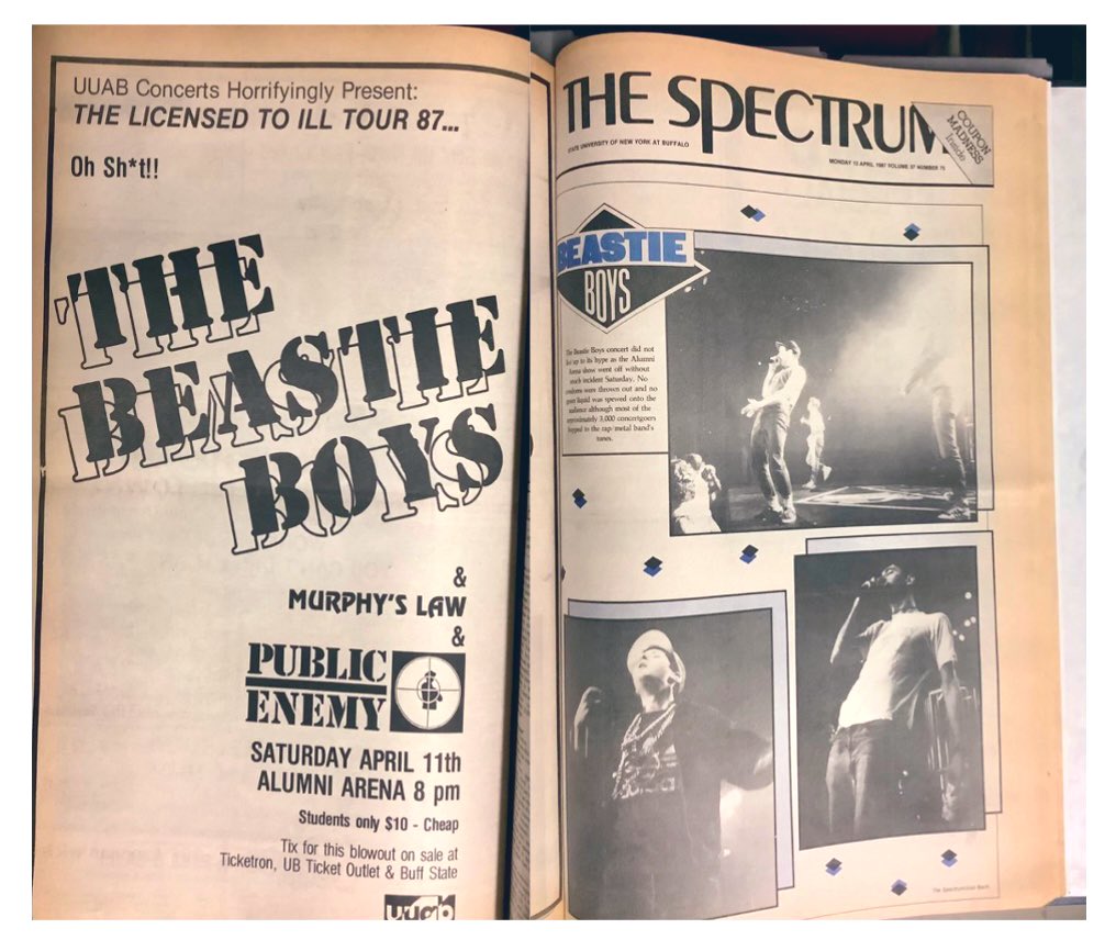 April 11, 1987 - The #BeastieBoys with #PublicEnemy at #UBuffalo Alumni Arena. 🎶 ➡️ Anyone remember this show?