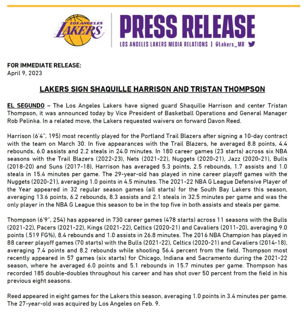 Lakers sign Tristan Thompson, Shaq Harrison before finale