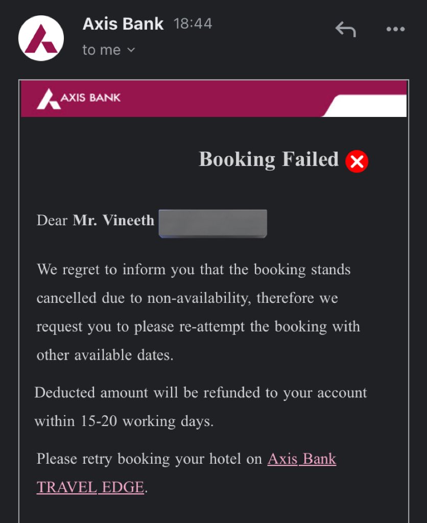 DealsDhamaka's tweet photo. Dear @AxisBank #TravelEdge #GrabDeals … it’s a very suboptimal experience booking on your platform today 

After booking for 60K and waiting for many hours, how could you directly cancel our hotel booking without even giving us a call or notifying ? 

#Creditcard https://t.co/krHrz9yLnX