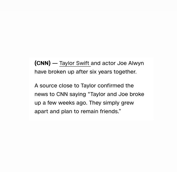 taylorswiftbr's tweet photo. ‼️ Uma fonte contou alguns detalhes sobre a separação de Taylor Swift e Joe Alwyn para a CNN. 

“Taylor e Joe terminaram algumas semanas atrás. Eles simplesmente se distanciaram e planejam continuar amigos.” https://t.co/vwKN6FN4xo