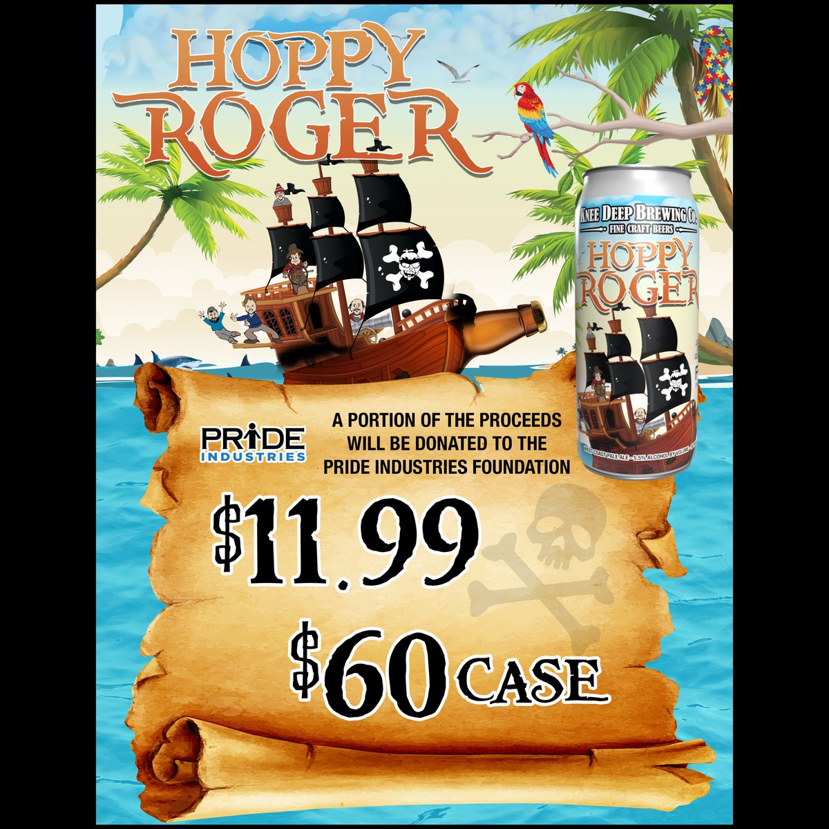 KneeDeepBrewing's tweet photo. The tasting room will be open for our normal hours today but we will not have a food truck. Hop on by to grab a pint and a cold 4-pack or case of Spec⚡️Drum or Hoppy Roger 🏴‍☠️ to support the Autism Rocks Foundation &amp; PRIDE Industries 💙 https://t.co/KGpR3rq1w8