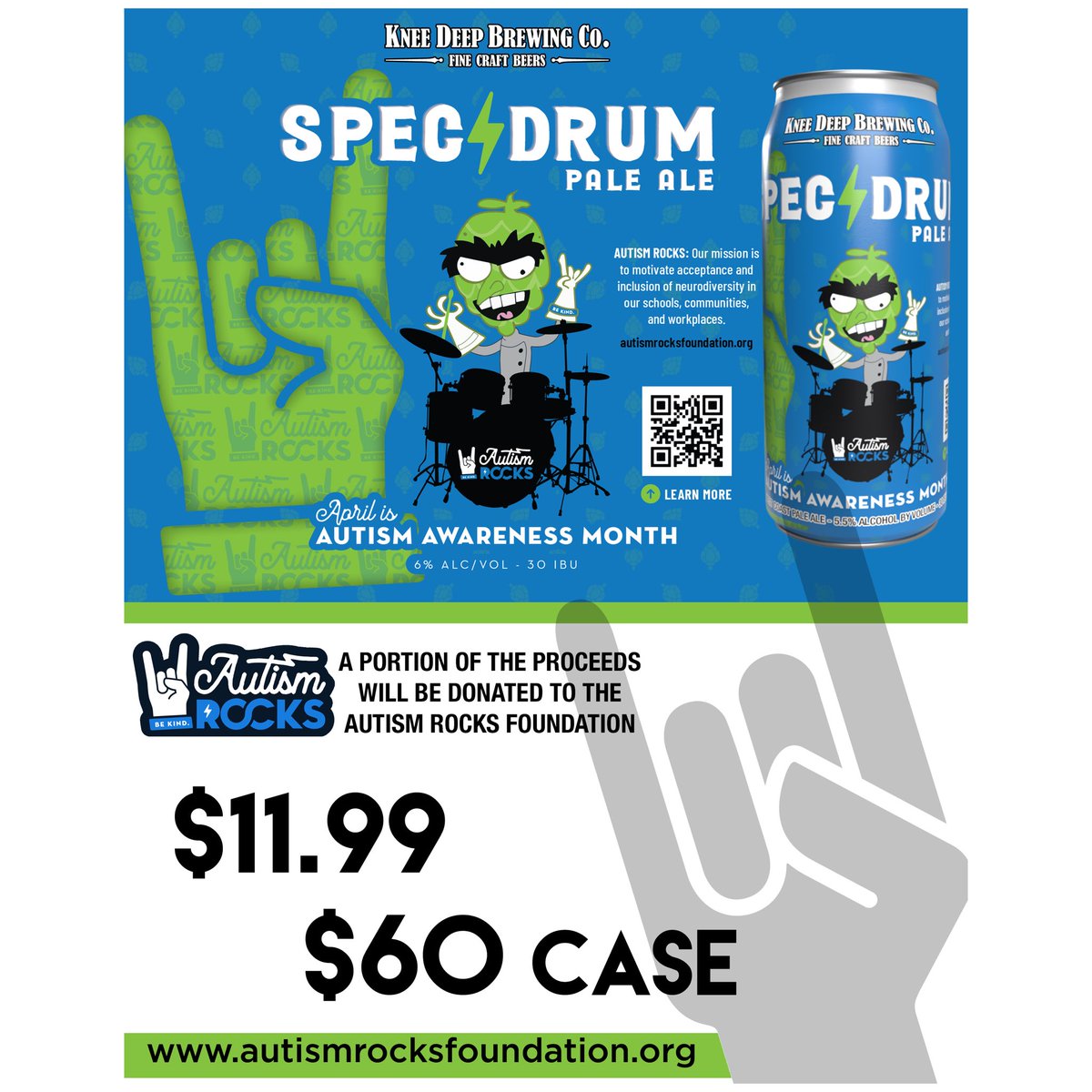 KneeDeepBrewing's tweet photo. The tasting room will be open for our normal hours today but we will not have a food truck. Hop on by to grab a pint and a cold 4-pack or case of Spec⚡️Drum or Hoppy Roger 🏴‍☠️ to support the Autism Rocks Foundation &amp; PRIDE Industries 💙 https://t.co/KGpR3rq1w8