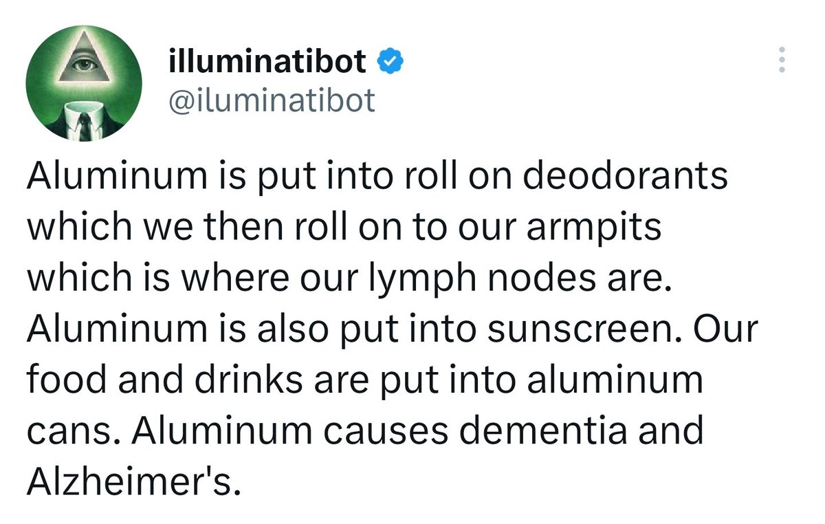 ulises37's tweet photo. El aluminio se pone en los desodorantes que luego aplicamos en nuestras axilas, que es donde están nuestros ganglios linfáticos. El aluminio también se pone en las cremas solares. Nuestros alimentos y bebidas se envasan en latas de aluminio. El aluminio causa demencia y Alzheimer https://t.co/rXGiyoyCLr