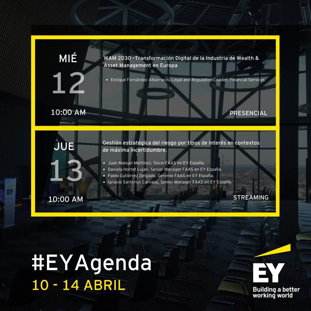 EY_Spain's tweet photo. 📅 Lunes 10 Abril – Viernes 14 Abril 📅

Esta es la #AgendaEY de esta semana. Elige el #evento que más te interese y apúntate para seguirlo #endirecto 🖋

🔗Registrate⬇

#EY #EventoEY #Webinar https://t.co/nlJ7fXHuWq