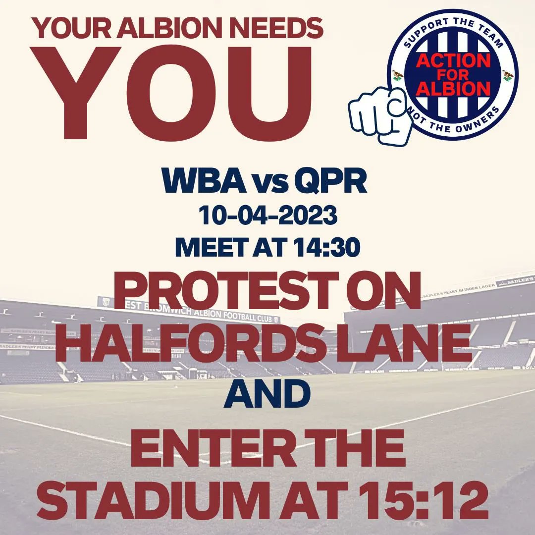 Albion_IST's tweet photo. Tomorrow's protest is a peaceful demonstration against unsustainable ownership. We'll show our support for the team as always when we enter the stadium. Let's stand together for #LaiOut and #StayOutFor12. #Albion #WBA https://t.co/QnswEUGFcO