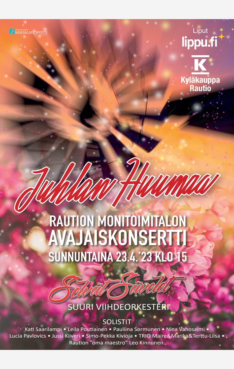 Tervetuloa Raution monitoimitalon avajaiskonserttiin! <a href="/Kalajoki/">Kalajoki</a> <a href="/suomenkylat/">Suomen Kylät ry</a> <a href="/ppliitto/">Pohjois-Pohjanmaan liitto</a> <a href="/ppkylat/">PP Kylät</a> #selvätsävelet
