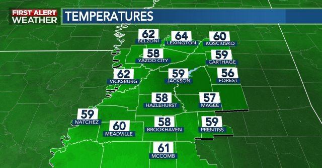 PatrickEllisWx's tweet photo. Here's a look at afternoon temperatures across central Misssissippi. #mswx #firstalertms https://t.co/8Ljj3KXJHa