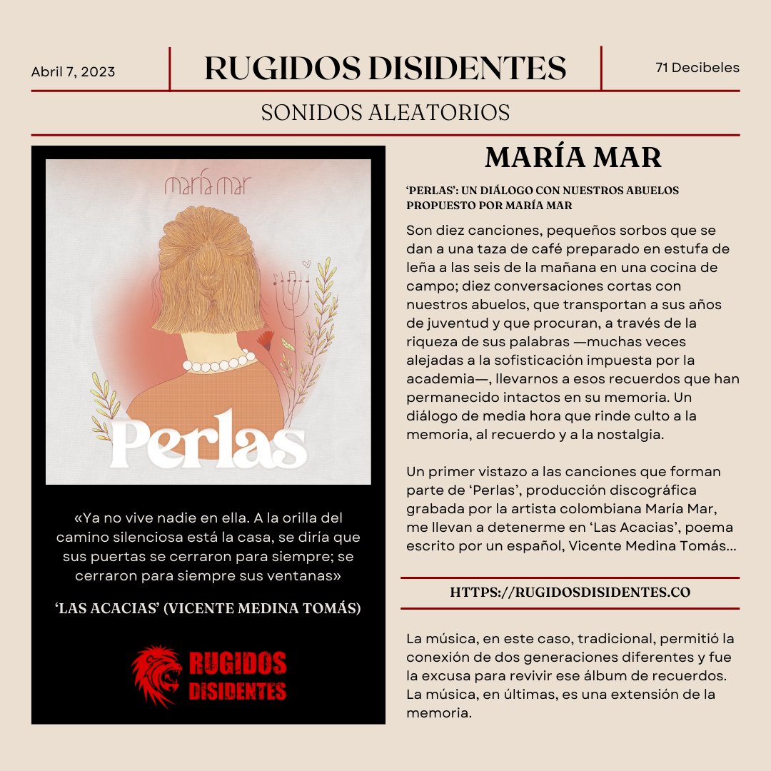 RDisidentes's tweet photo. La música también es una extensión de la memoria. María Mar, en ‘Perlas’, su cuarta producción discográfica, propone un diálogo con nuestros abuelos, a través de sus músicas tradicionales.(⏬)
https://t.co/pnJbAKtN2u

#SonidosAleatorios | #71Decibeles https://t.co/cZDbIRZkNz