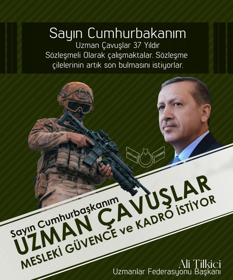 Devlette 37 yıl sözleşme ile görev yapan başka statü yok
Kahramanların derhal kadroya geçmesi profesyonel ordu için elzemdir 
Uzman Çavuşlar kadroya
Bayraklar havaya
Gönüller Bayrama !!

<a href="/RTErdogan/">Recep Tayyip Erdoğan</a> 
<a href="/dbdevletbahceli/">Devlet Bahçeli</a> 
<a href="/mustafaelitas/">Mustafa Elitaş</a> 
@yilmaz_ismet58 
<a href="/erkanakcay45/">Erkan Akçay</a>