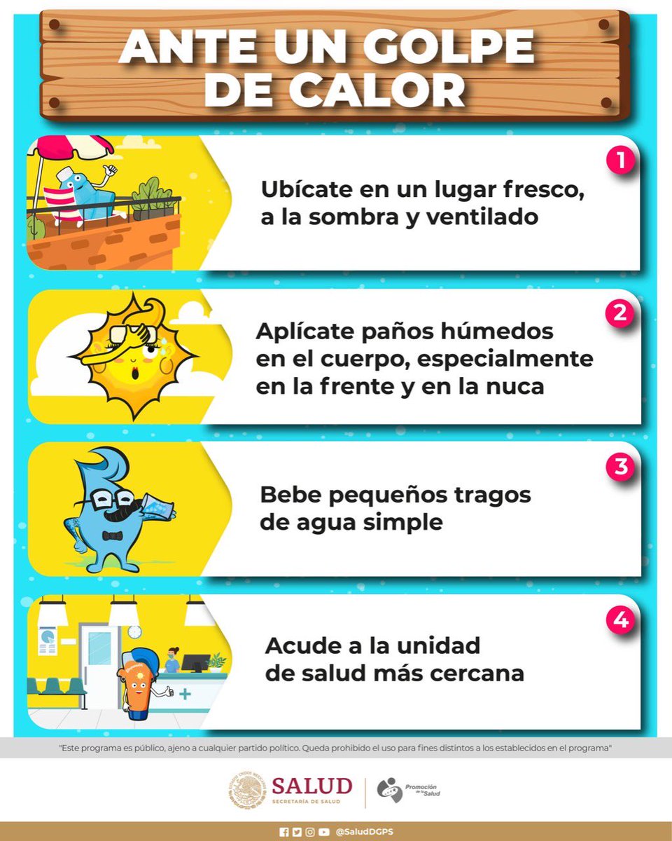 CSPalmatitla's tweet photo. ¿Qué es el Golpe de calor?
Se presenta cuando el organismo no puede regular la temperatura extrema por lo que puede presentar temperatura elevada (mayor a 39 grados), piel roja, caliente y seca, pulso más fuerte de lo normal, dolor de cabeza, mareos, náuseas y confusión, etc. https://t.co/SWoS9Fthhh