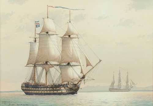 DockYardWall's tweet photo. Conqueror (74) at sea off Portugal, Nov 1807
Flying a signal from her mizzen top and a pennant of the blue Squadron from her main top mast head.
#PersonalFav
©️Derek Gardner https://t.co/d3qe9JozIv