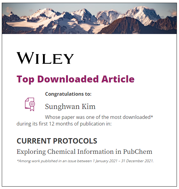 smartinkim's tweet photo. Excited to learn that my paper “Exploring Chemical Information in PubChem” (https://t.co/y1fjfzqRPN), published in @WileyGlobal’s @Curr_Protocols, received enough downloads to be a #TopDownloadedArticle in the journal. https://t.co/whG4MPO2bp