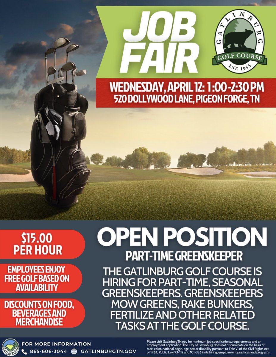 💥 We are hosting a Job Fair for those interested in Part Time Greenskeeper positions this Wednesday the 12th from 1:00pm - 2:30pm. Stop by and check out opportunities available on our Golf Course Maintenance Team! #cityofgatlinburg #gatlinburggolfcourse #golfcoursemaintenance