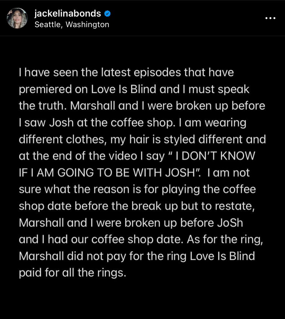 aabbeybates's tweet photo. Nice try, Jackelina. #LoveIsBlind aired the coffee shop date before your breakup because IT HAPPENED BEFORE YOUR BREAKUP - or something did. YOU said in the clip, "I've been seeing Josh." Don't be mad that you look like the person you are. #caughtoutthere #LoveisBlind4 https://t.co/a5dBFJDgR6