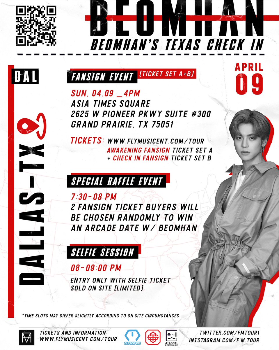 fmtour1's tweet photo. Beomhan’s USA Check in Tour Day 1 in Texas! 🌟

📍Line up for merch stand and selfie tickets starts at 3PM!

🎟️ FANSIGN TICKET CHECK
Set A: latest 3:30 PM
Set B: latest 5:15 PM

All selfies (including Fankit selfie tickets) will be taken during the Selfie Session at 8PM https://t.co/TNfEbL66tn