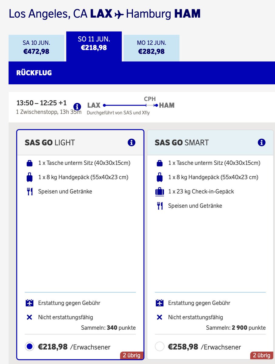 9Torben5's tweet photo. Hello @SAS , I'm planning a flight to the USA. When booking, it is shown that I can take an 8kg hand luggage with me for both flights, but the next view it is shown that I am not allowed to have hand luggage for the return flight. Is that correct or just a mistake? https://t.co/vG389Dukw1