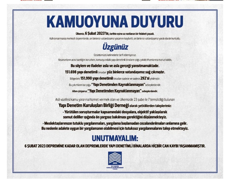 Yapı Denetimli Binaların %99.8 i Kahramanmaraş depreminde hasar (ağır hasar-yıkım) almamıştır.
6 Şubat 2023 e kadar olan tüm depremlerde de yine Yapı Denetimli binalarda ağır hasar , yıkım ve ölüm gerçekleşmemiştir.

09.04.2023 tarihli Hürriyet Gazetesi 3.sayfa ilanımızdır.