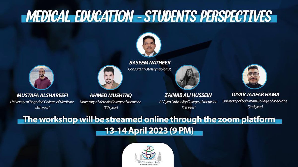 IraqRcp's tweet photo. Don't miss our upcoming medical education activity 🤩

Students will be our speakers!! 🔥

Join the discussion and interact with your colleagues and share your thoughts on the optimal ways of learning 🤓 https://t.co/cqRzVw5quf