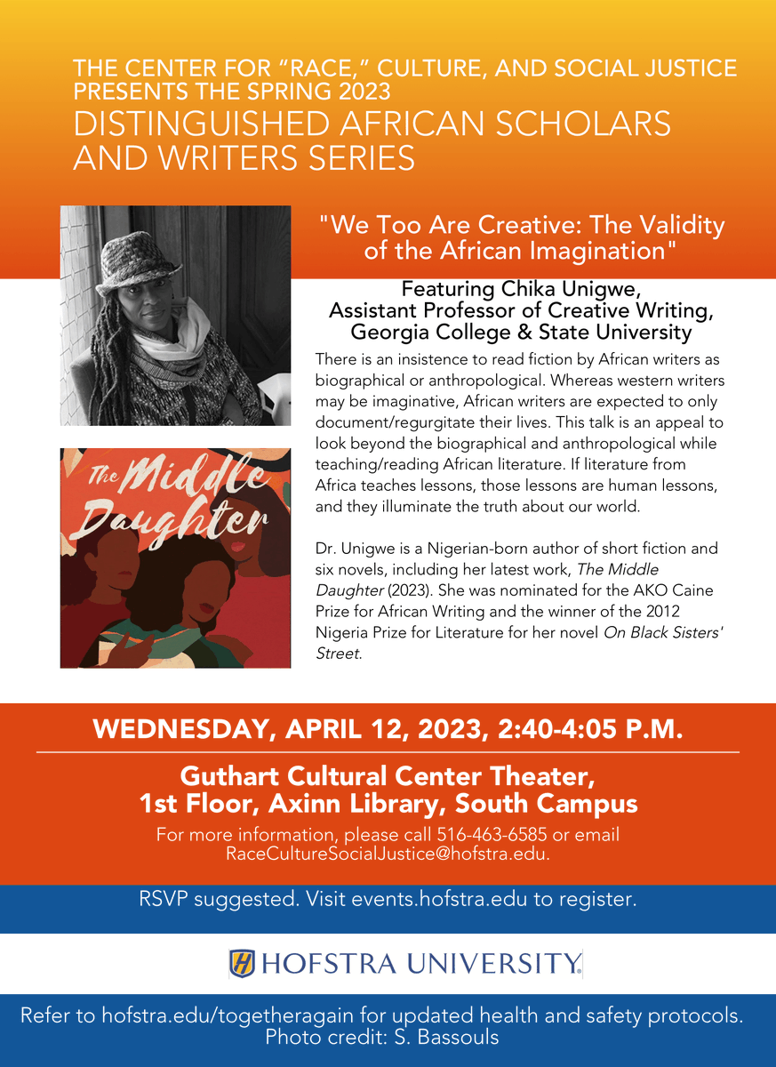 Join us for our Annual Distinguished African Scholars and Writers Series on Wed. 4/12 @ 2:40 p.m. Come to 203 Roosevelt for a "Chat and Chew" from 1-2 p.m. to meet her. Food will be served. Her books will be available for sale at her public lecture. You don't want to miss this!