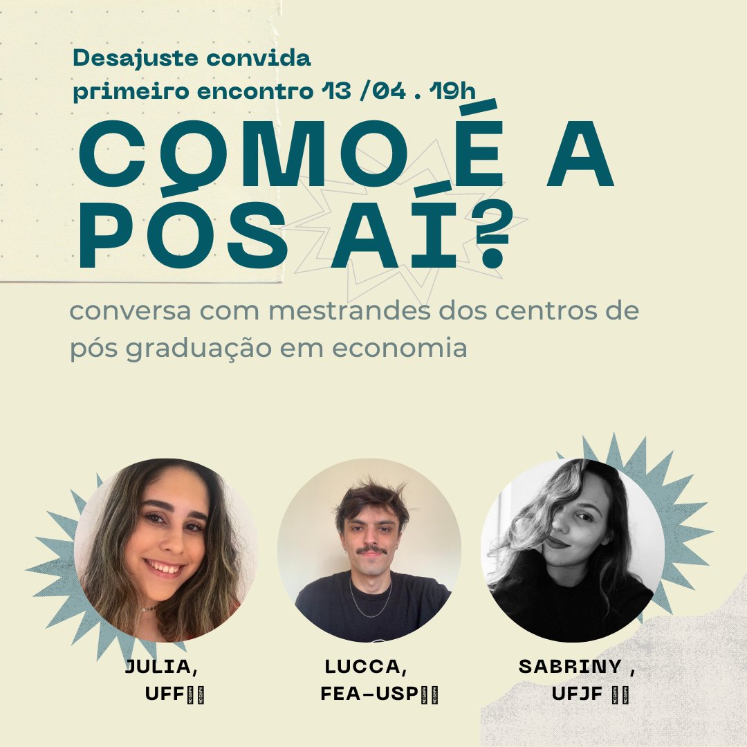 Tá em dúvida se mestrado é para você? Vai prestar ANPEC e ainda não sabe pra onde quer ir? 
O Desajuste vai te ajudar 🧑‍🏫
Vem aí uma série de conversas com mestrandes de diferentes centros, diferentes vertentes e diferentes regiões desse BR! 
bit.ly/DesajusteVaiAP…