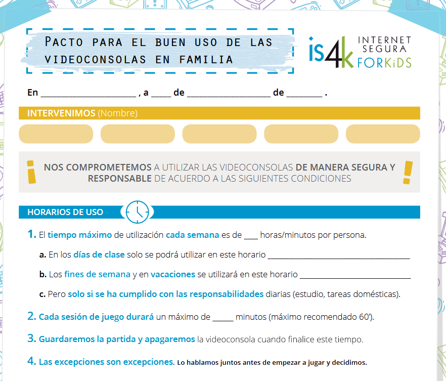 is4k's tweet image. Fomenta un uso seguro y responsable de los dispositivos que más utilizan los/as #menores en su tiempo libre con este #PactoFamiliar para el buen uso de las #videoconsolas 🎮. 

is4k.es/sites/default/…