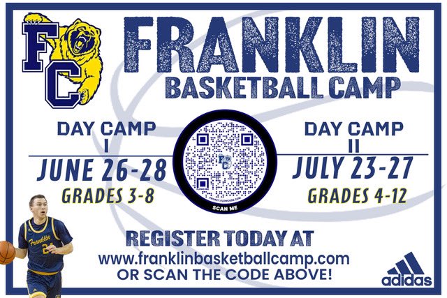 Franklin College MBB (@fcgrizhoops) on Twitter photo Happy Easter Future Grizzlies! 🐻
It’s that time of the year once again! Join us this summer for some hoops with the Franklin Men’s Basketball team! We will be hosting two separate camps in both June and July. Registrations are open, so reserve your spot now!
Go Griz! 🏀 Happy Easter Future Grizzlies! 🐻
It’s that time of the year once again! Join us this summer for some hoops with the Franklin Men’s Basketball team! We will be hosting two separate camps in both June and July. Registrations are open, so reserve your spot now!
Go Griz! 🏀
